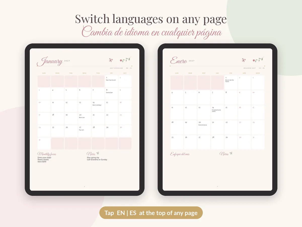The 2027 planner on two tablets: January in English and Enero in Spanish